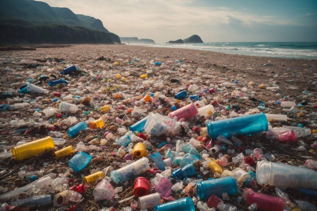 Discarded plastic bottles on a sandy beach, illustrating the environmental challenges posed by plastic waste.