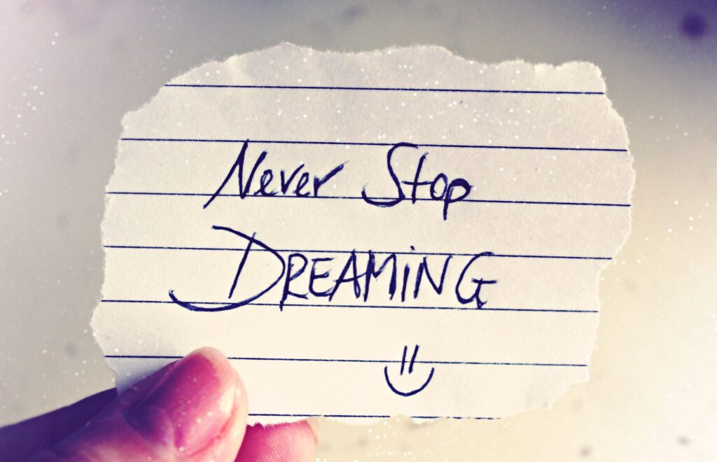 Motivational graduation quote "Never stop dreaming" in stylish font, encouraging graduates to pursue their ambitions.